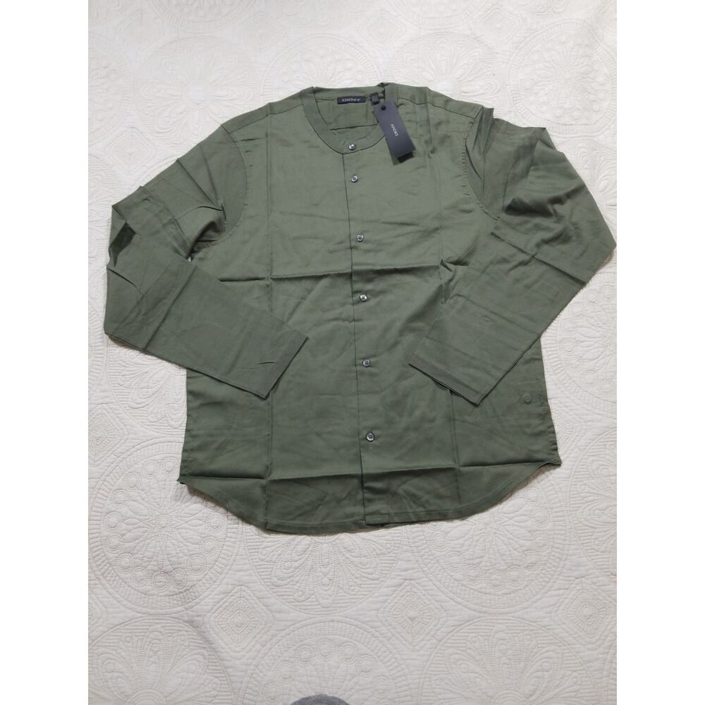 DKNY Men’s Fatigue Green Band Collar Button Shirt 100% Cotton Size L NWT